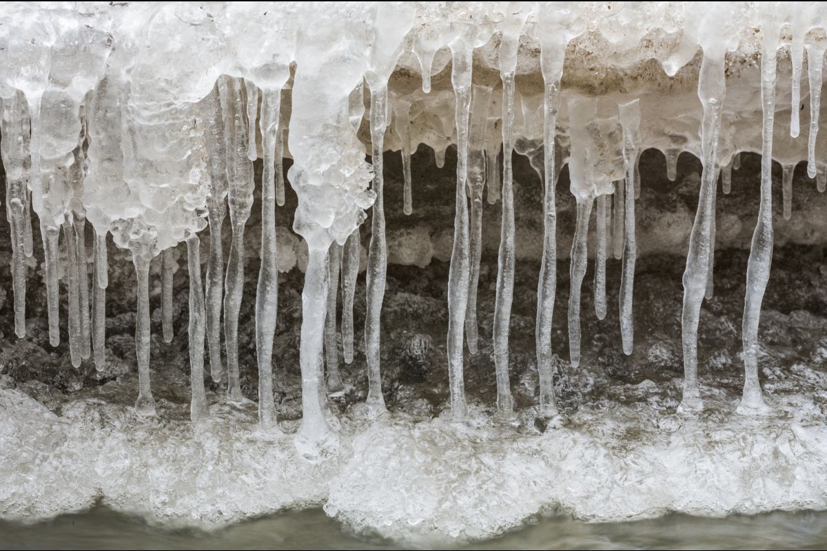 Des lames de glace qui figent à la tombée de la nuit sur le lit d’un petit ruisseau.